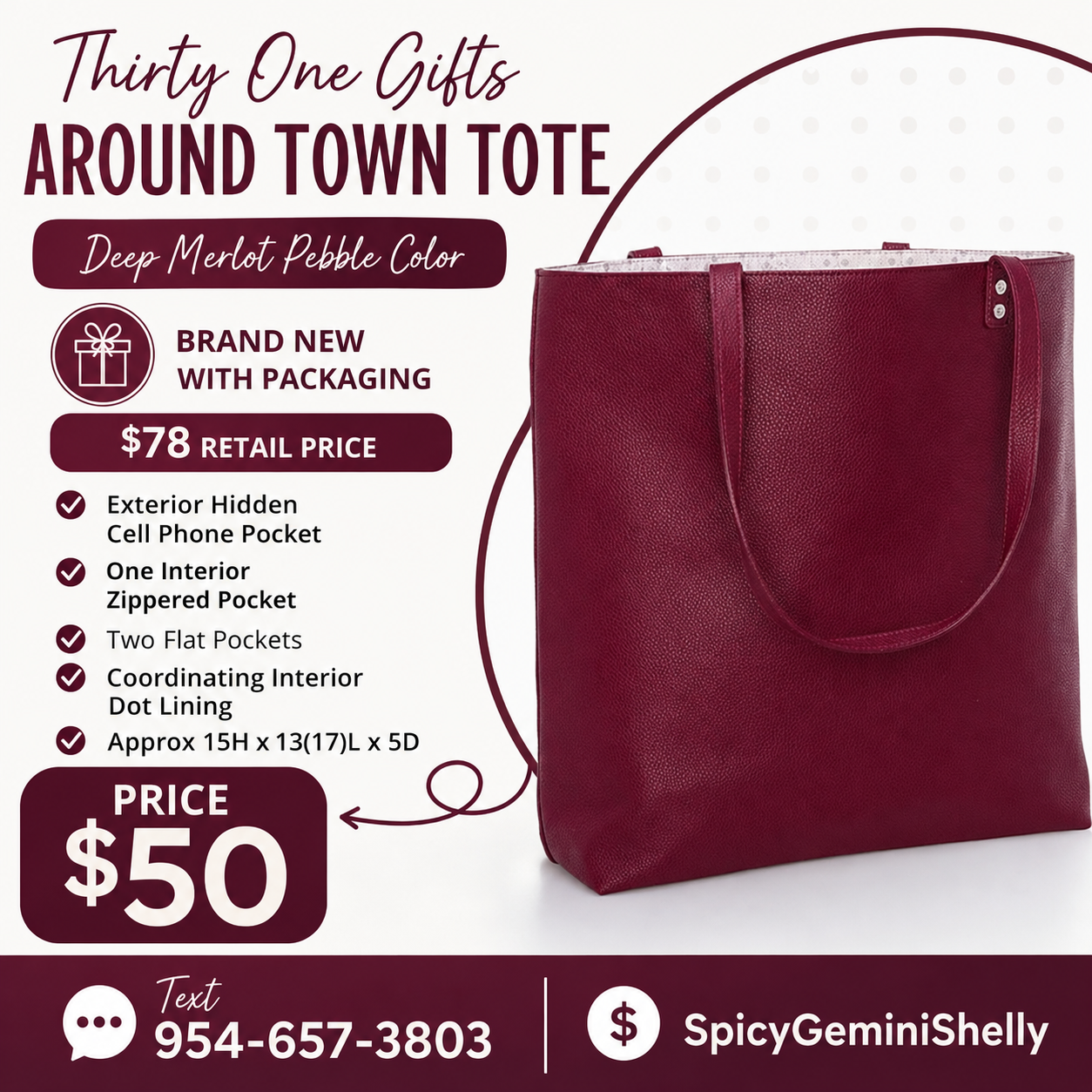 Thirty-One Around Town Tote — Deep Merlot Pebble (Brand New)