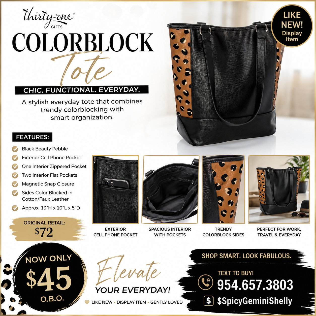 Colorblock Tote — Black Beauty Pebble with Leopard