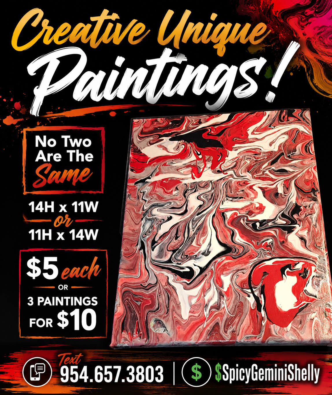 Original Acrylic Pour Painting — Red, Black & White