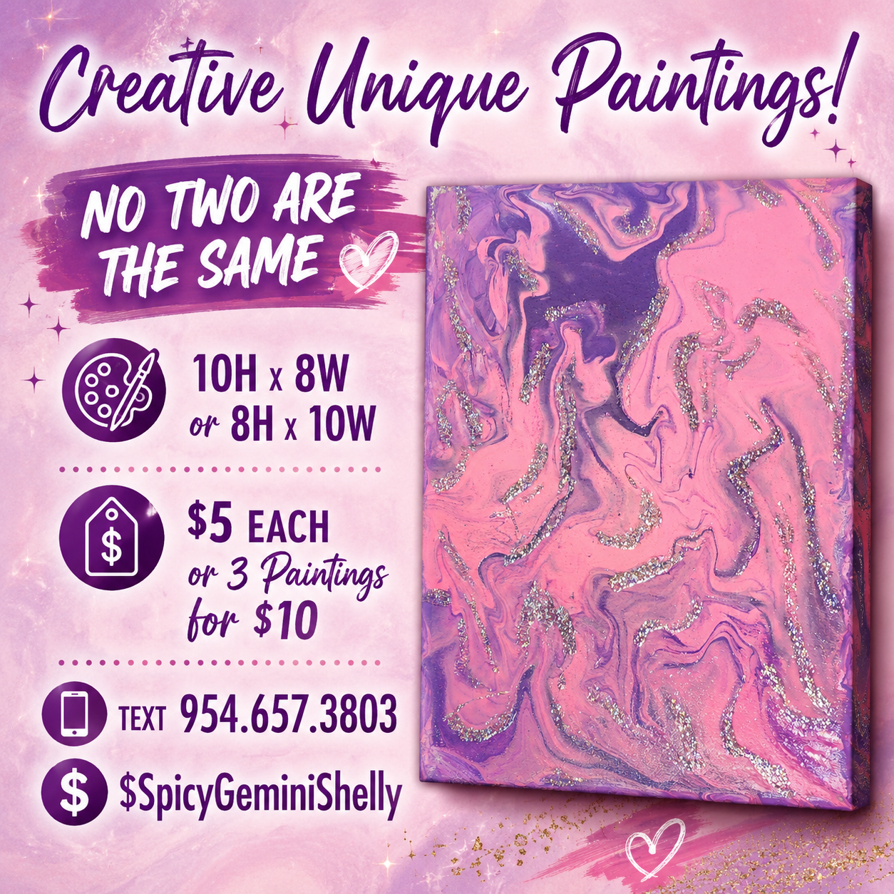 Original Acrylic Pour Painting — Pink, Purple & Silver Glitter