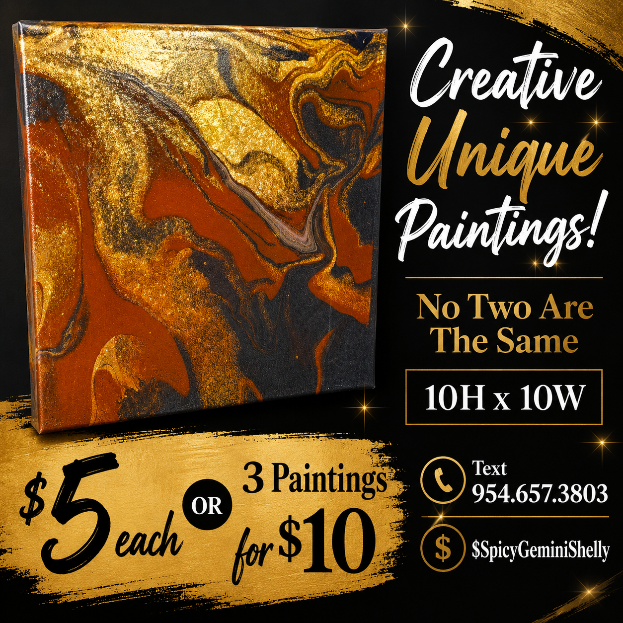 Original Acrylic Pour Painting — Gold, Burnt Orange & Black