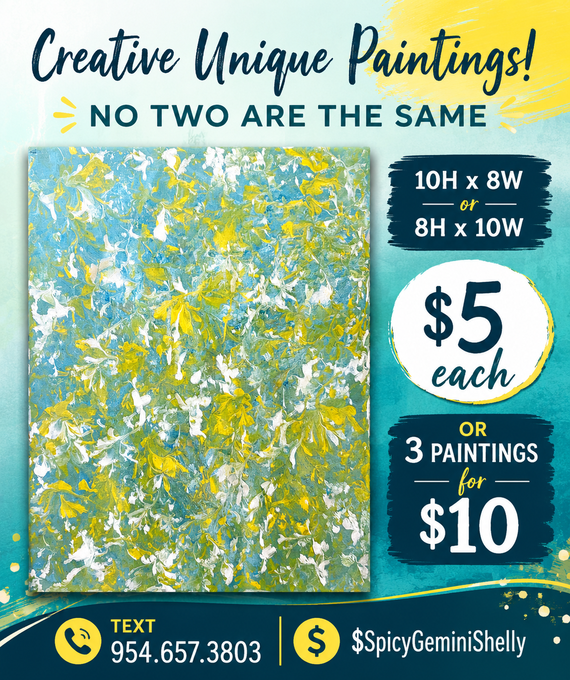 Original Acrylic Painting — Teal, Yellow & White Floral