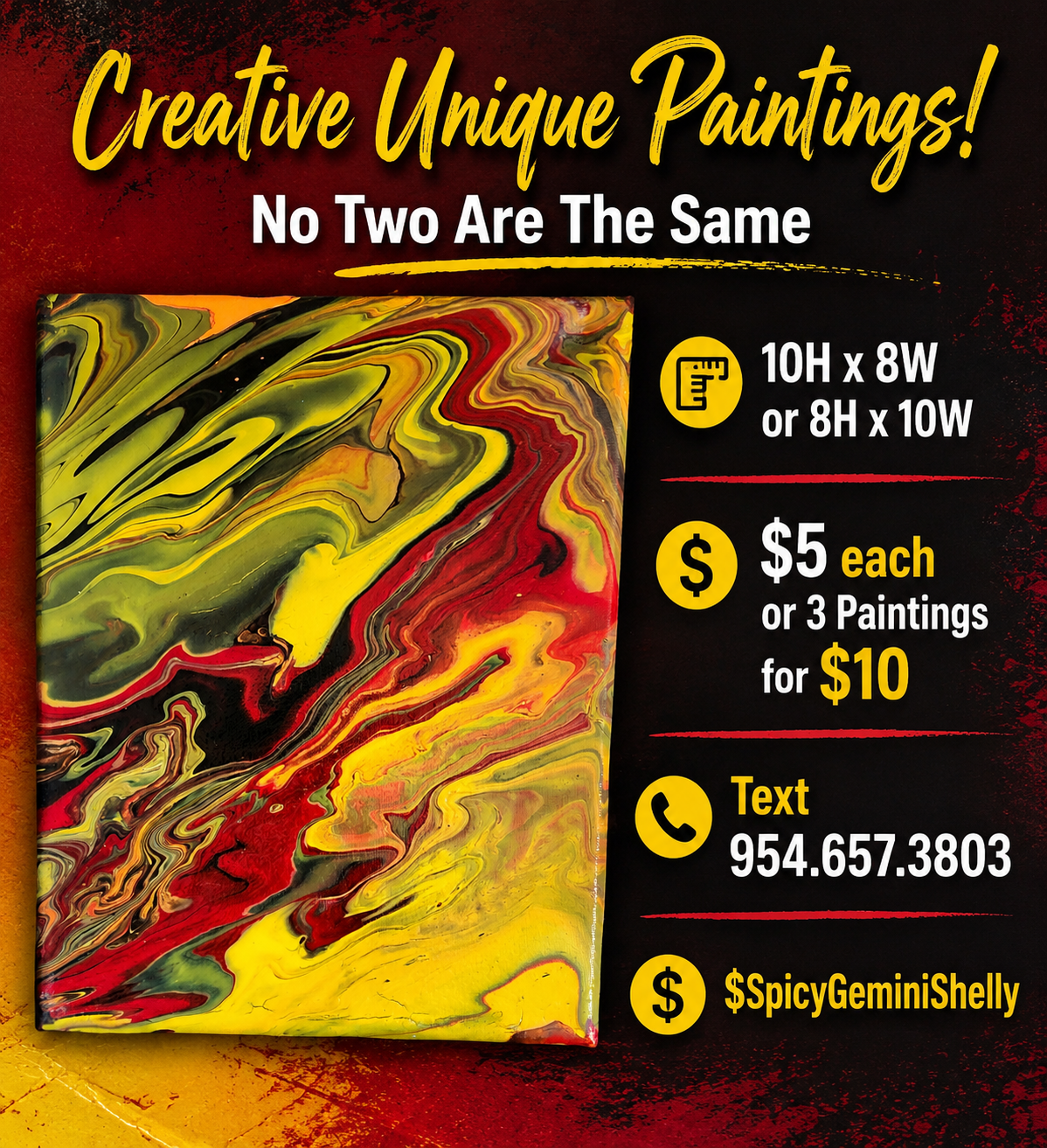 Original Acrylic Pour Painting — Yellow, Red, Green & Black