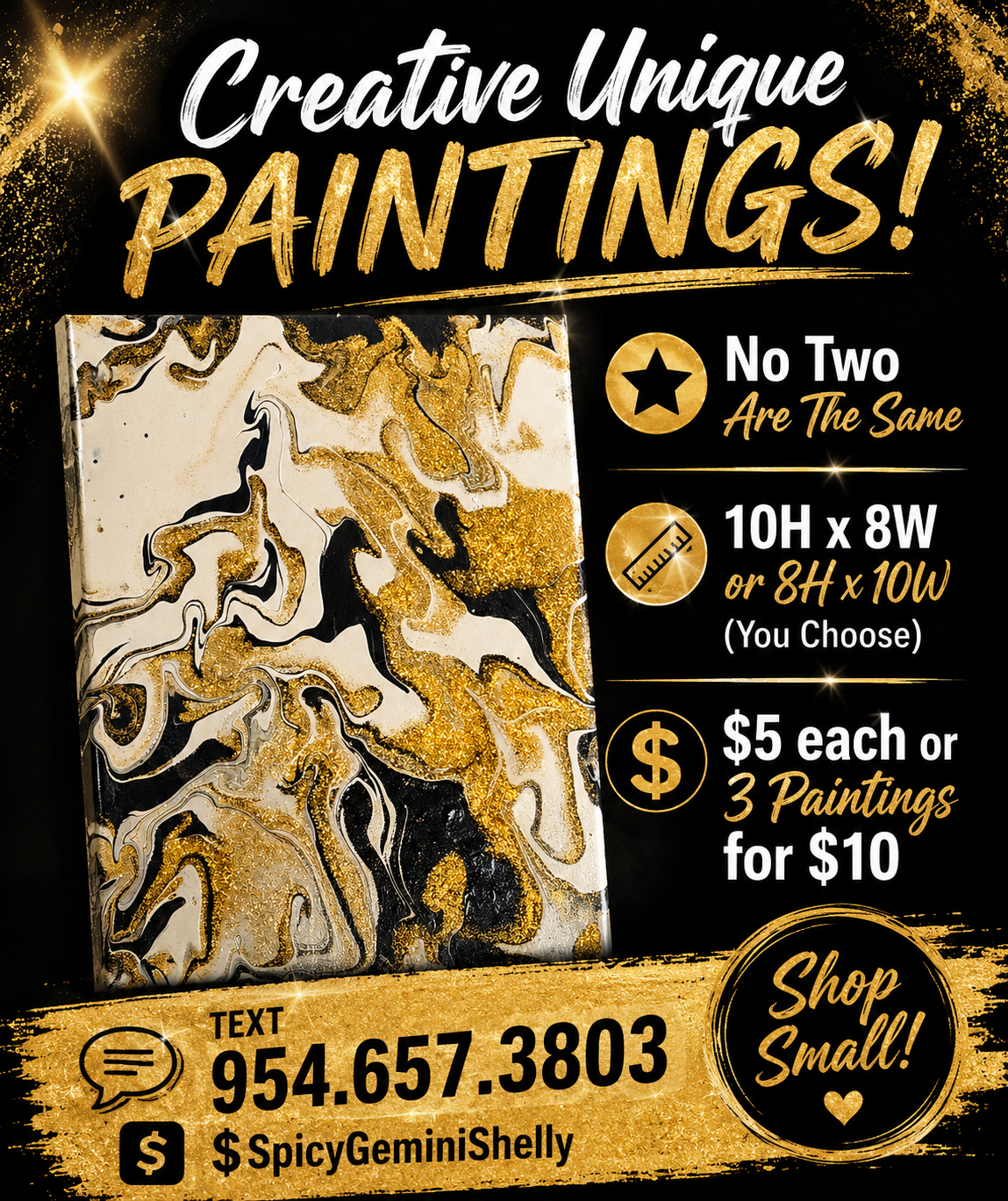 Original Acrylic Pour Painting — White, Black & Gold Glitter