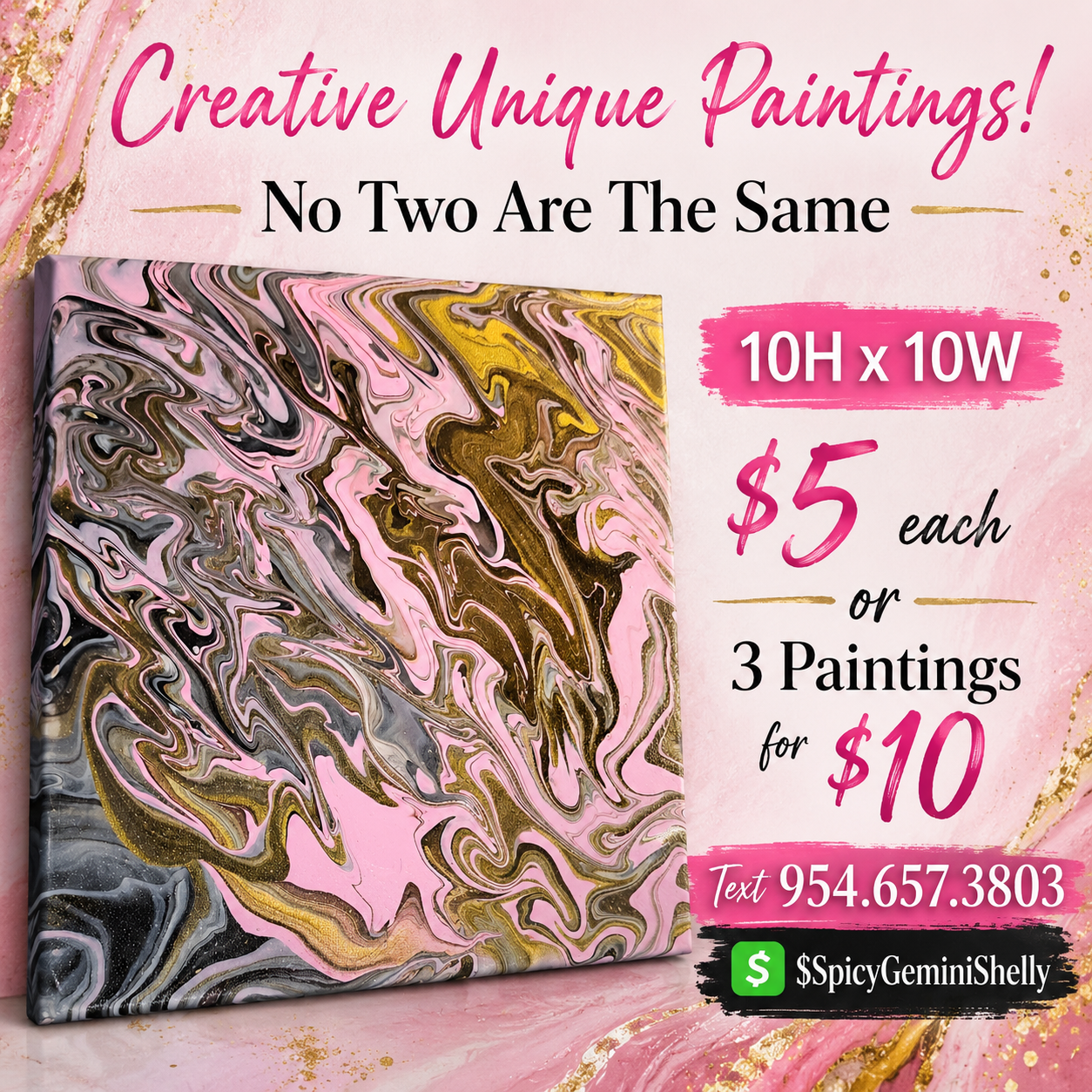 Original Acrylic Pour Painting — Pink, Black & Gold