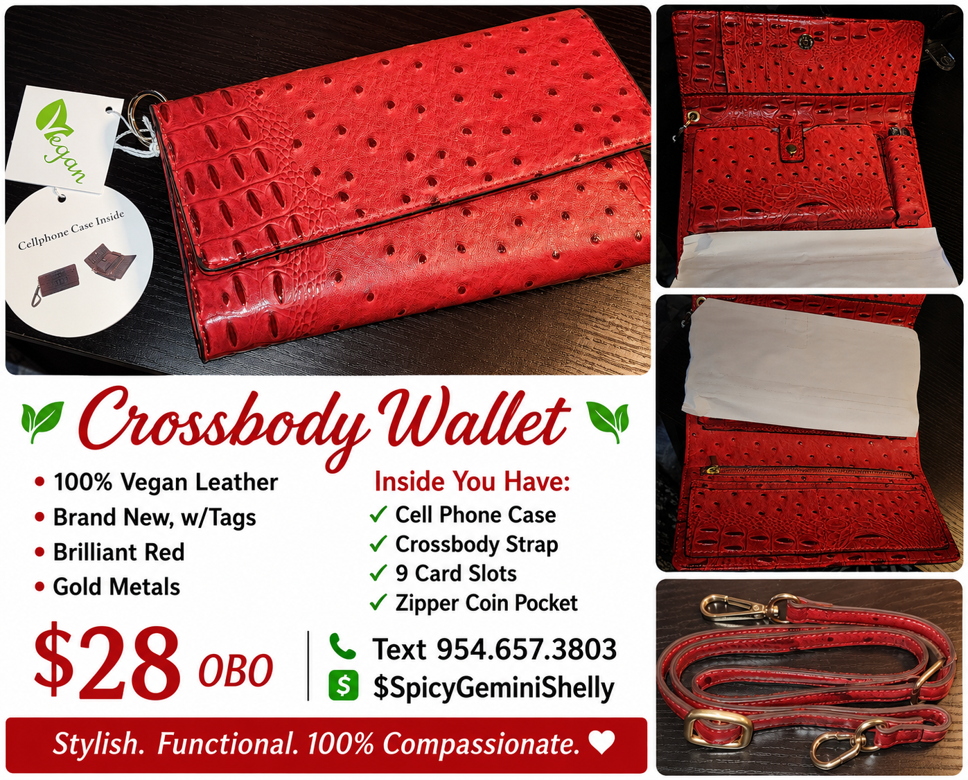 Red Vegan Leather Crossbody Wallet