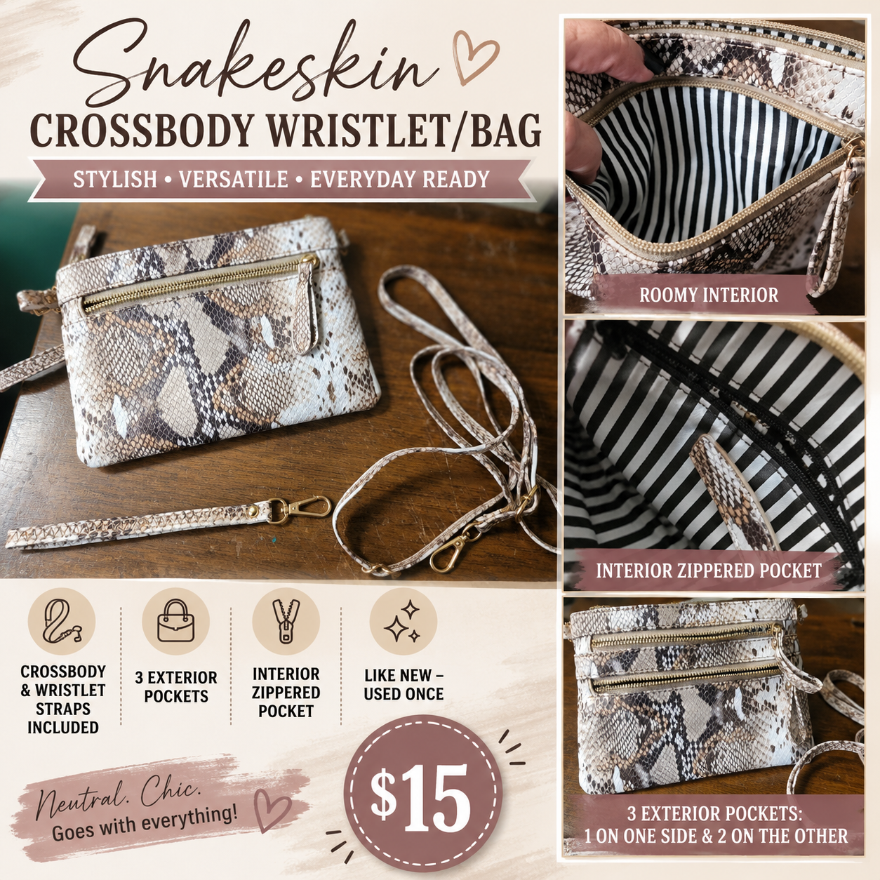 Snakeskin Crossbody Wristlet Bag