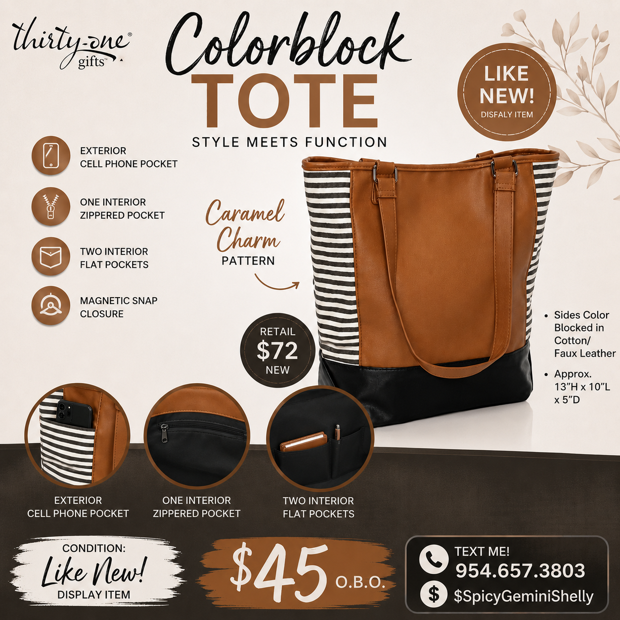 Thirty-One Colorblock Tote — Caramel Charm Pattern (Like New)