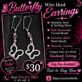 Handmade butterfly wire hook earrings with pink Swarovski crystal beads and hematite black heart beads