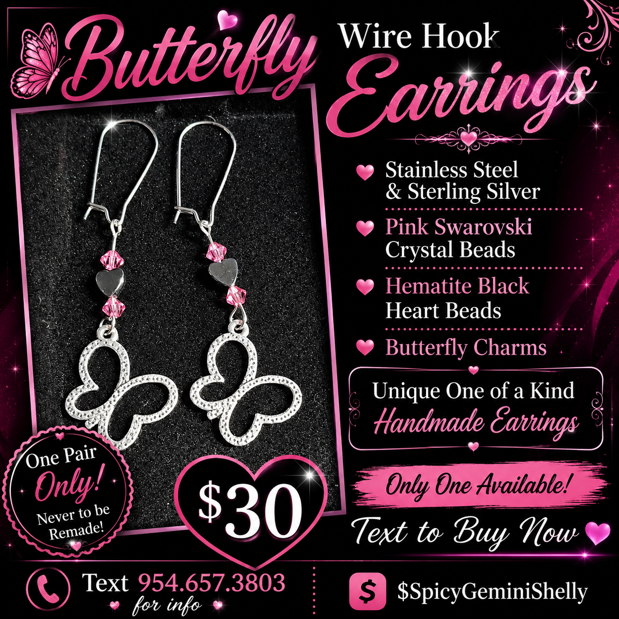 Handmade butterfly wire hook earrings with pink Swarovski crystal beads and hematite black heart beads