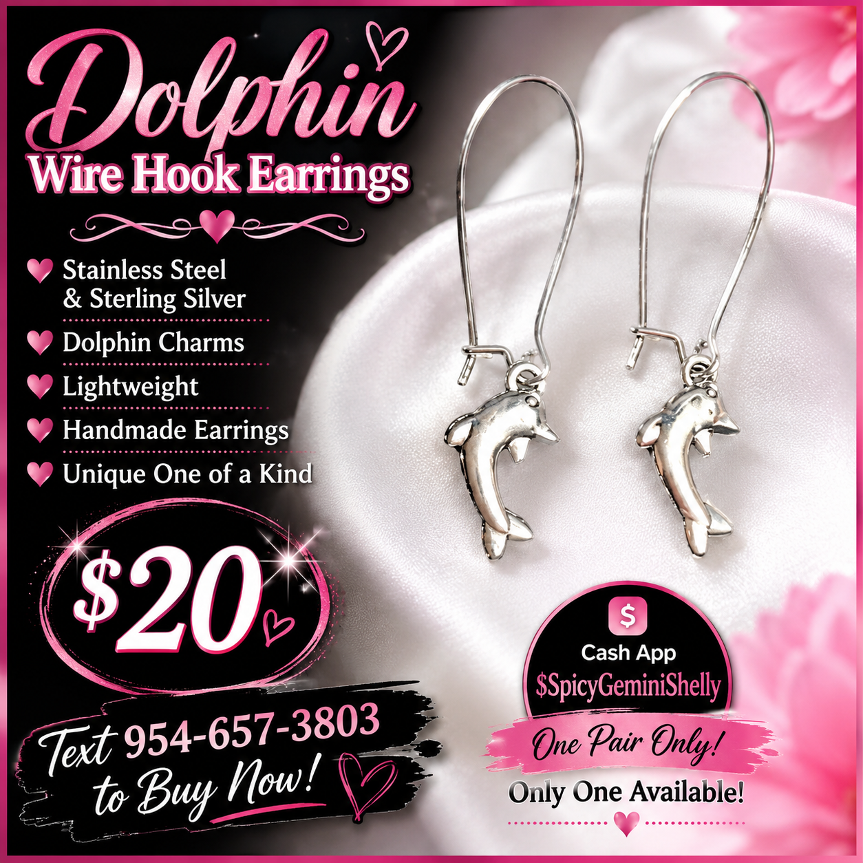 Handmade dolphin charm wire hook earrings in stainless steel and sterling silver
