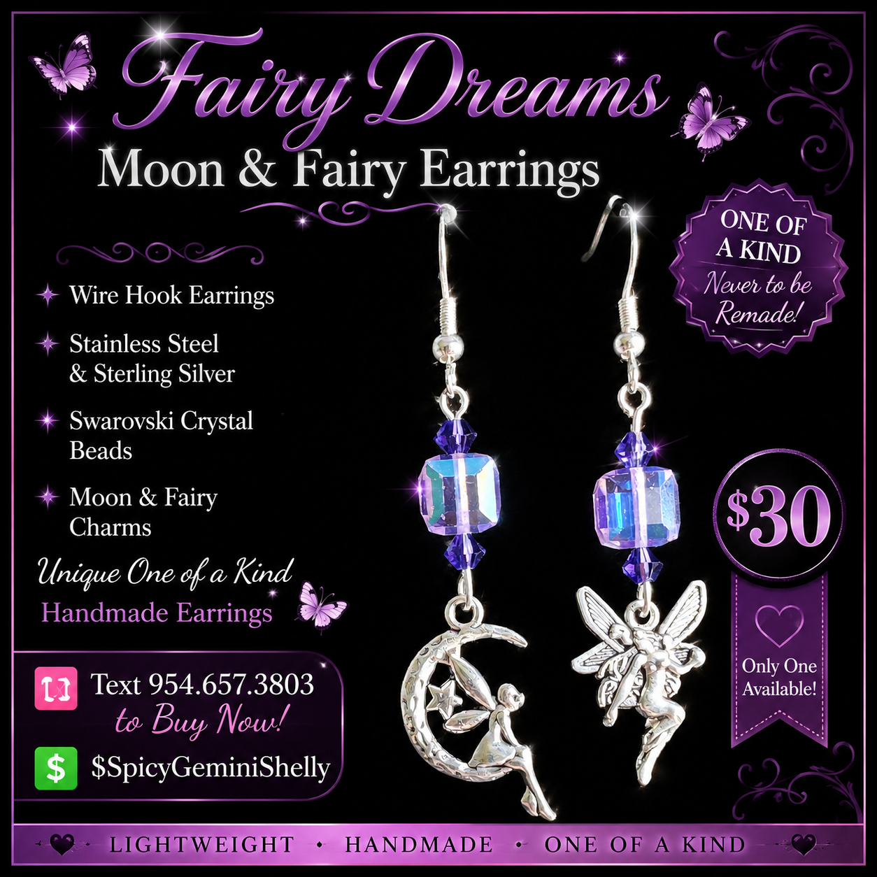 Handmade fairy dreams moon and fairy charm earrings with iridescent Swarovski crystal beads