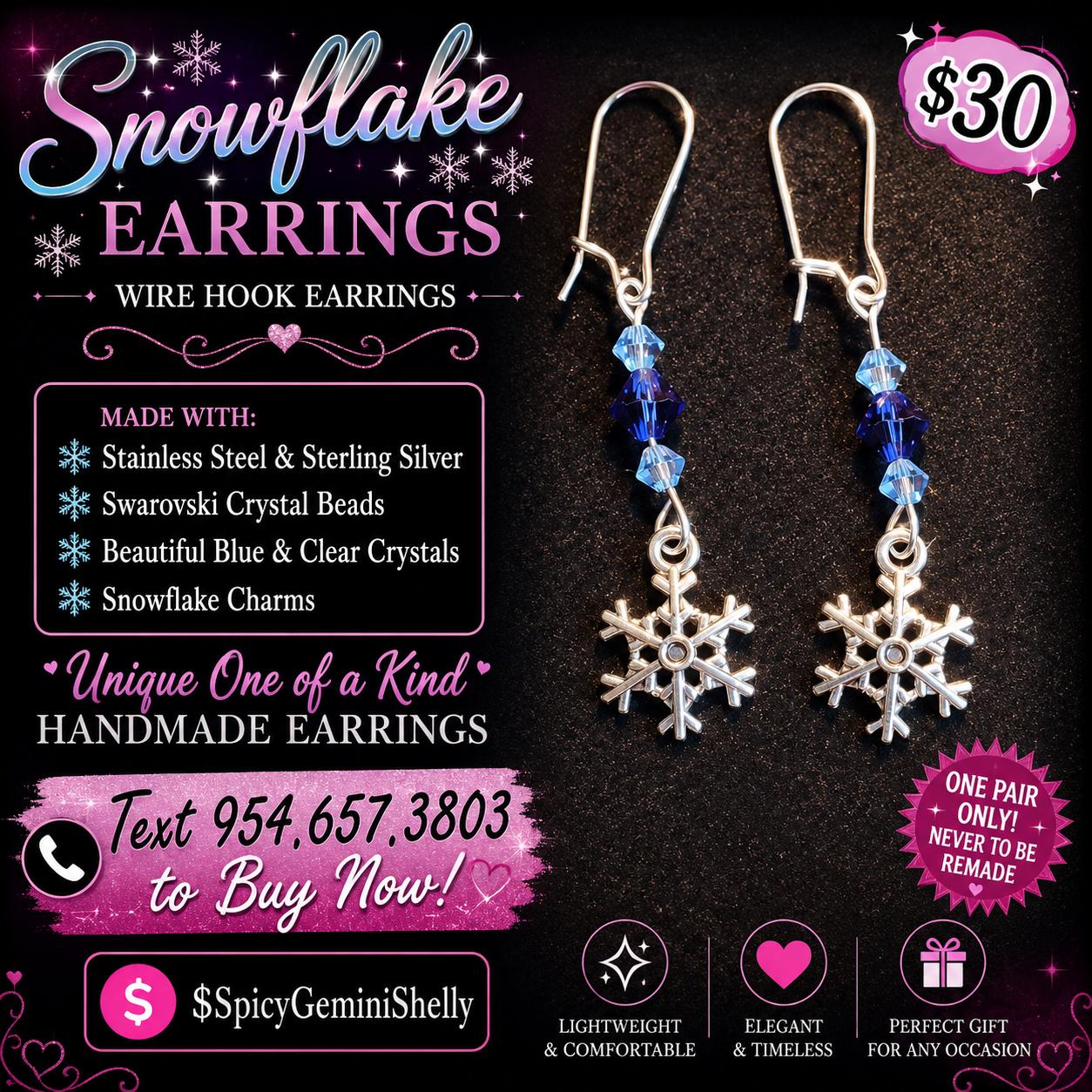 Handmade snowflake charm wire hook earrings with blue and clear Swarovski crystal beads