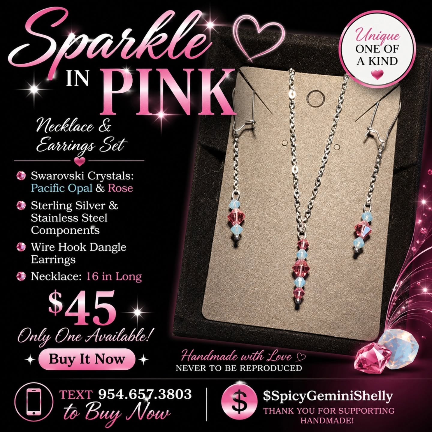 Sparkle in Pink Necklace and Earrings Set with Swarovski Crystals in Pacific Opal and Rose