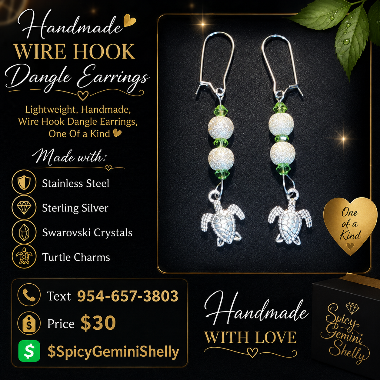 Handmade Wire Hook Dangle Earrings — Sea Turtle Charm
