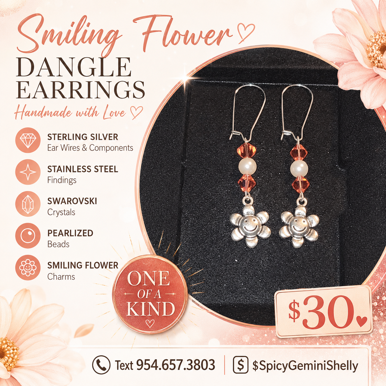 Smiling Flower Charm Dangle Earrings