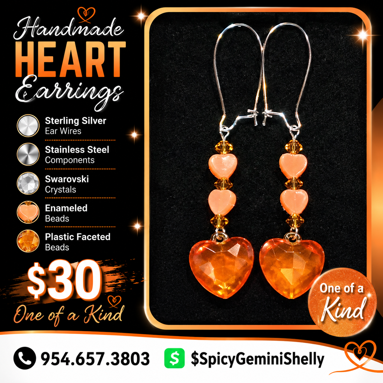 Handmade Heart Dangle Earrings — Amber & Orange