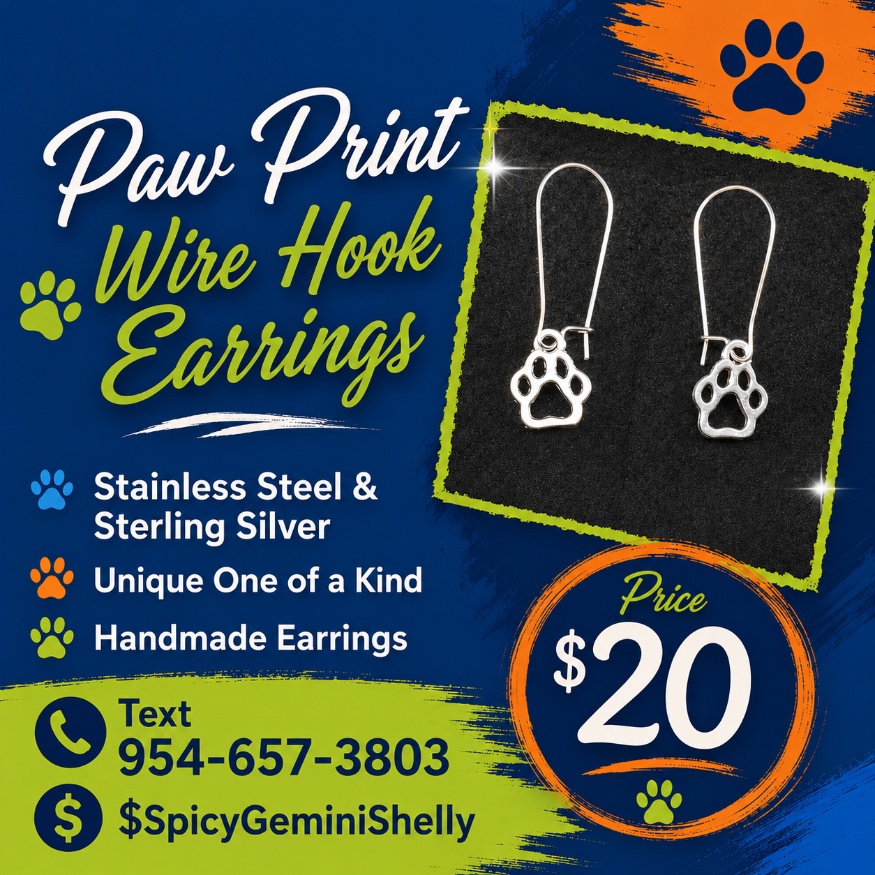 Paw Print Wire Hook Dangle Earrings
