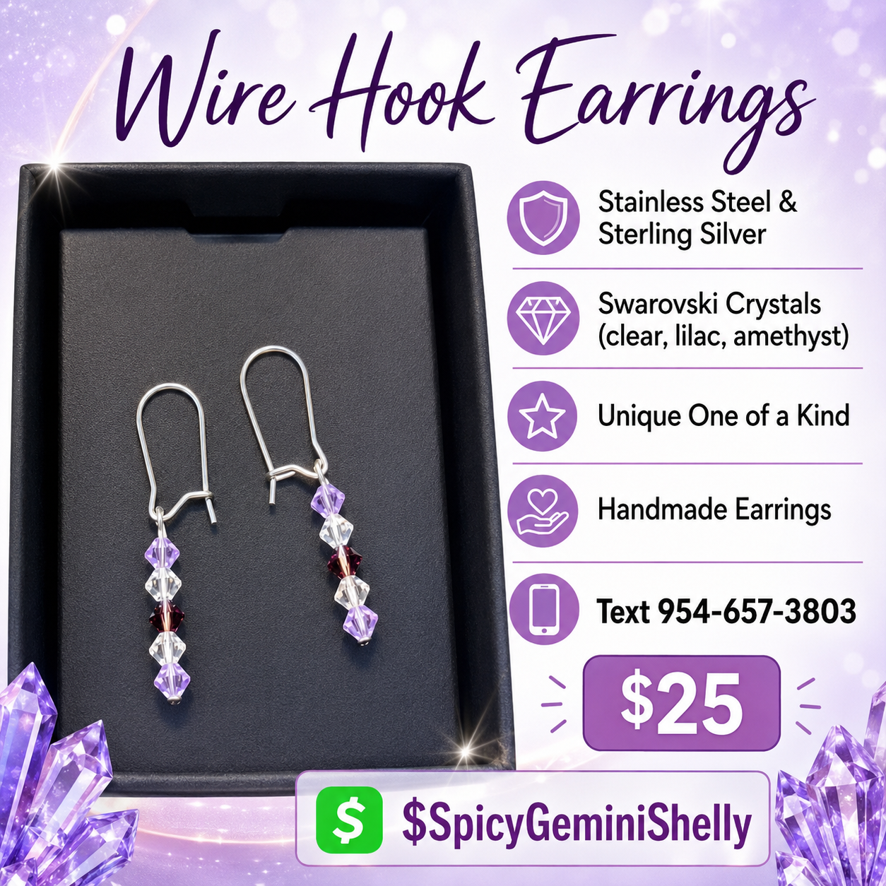 Swarovski Crystal Wire Hook Dangle Earrings — Lilac & Amethyst
