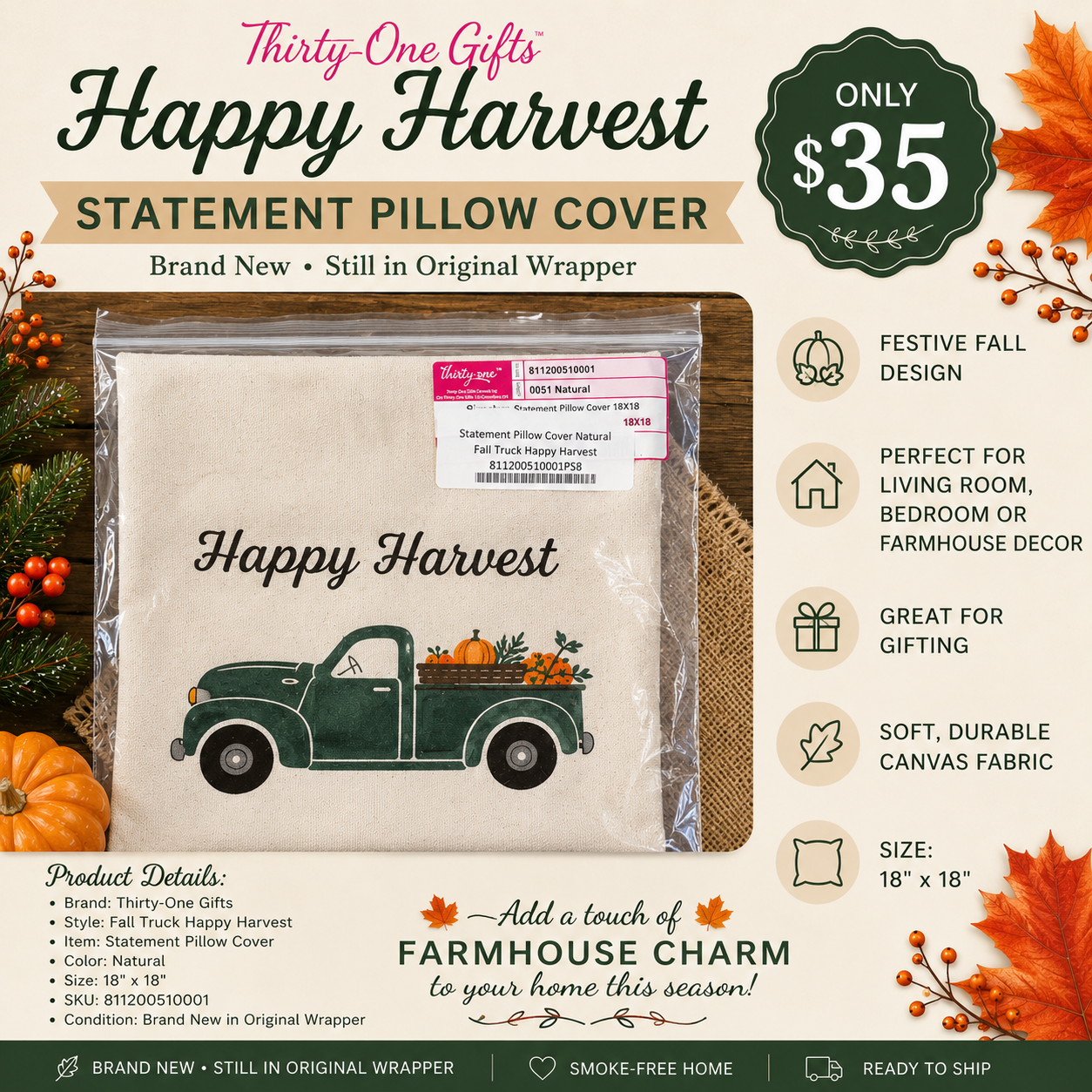 🍂 Thirty-One Gifts Fall Truck Happy Harvest Statement Pillow Cover 🍂