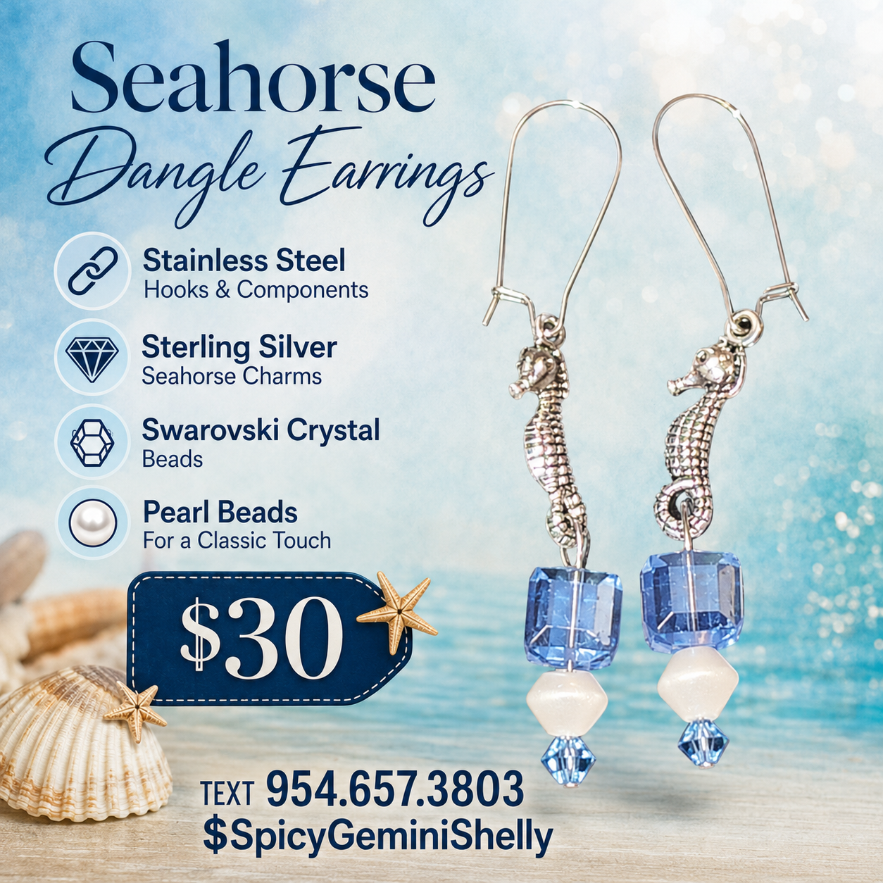 Seahorse Dangle Earrings with Swarovski Crystals & Pearl Beads