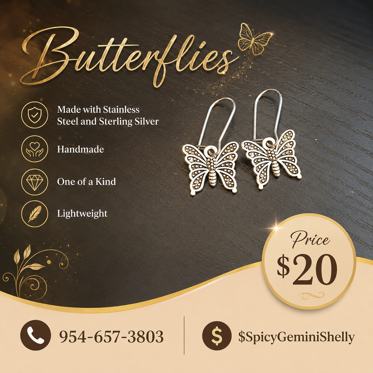 Filigree Butterfly Wire Hook Dangle Earrings
