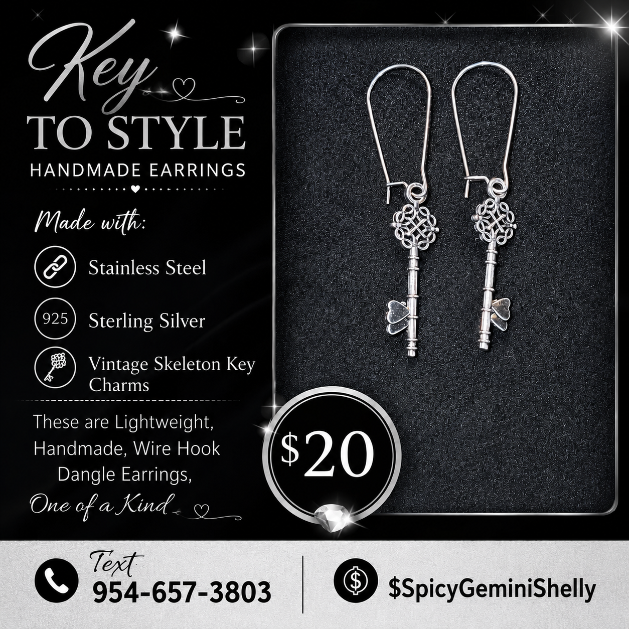 Vintage Skeleton Key Wire Hook Dangle Earrings
