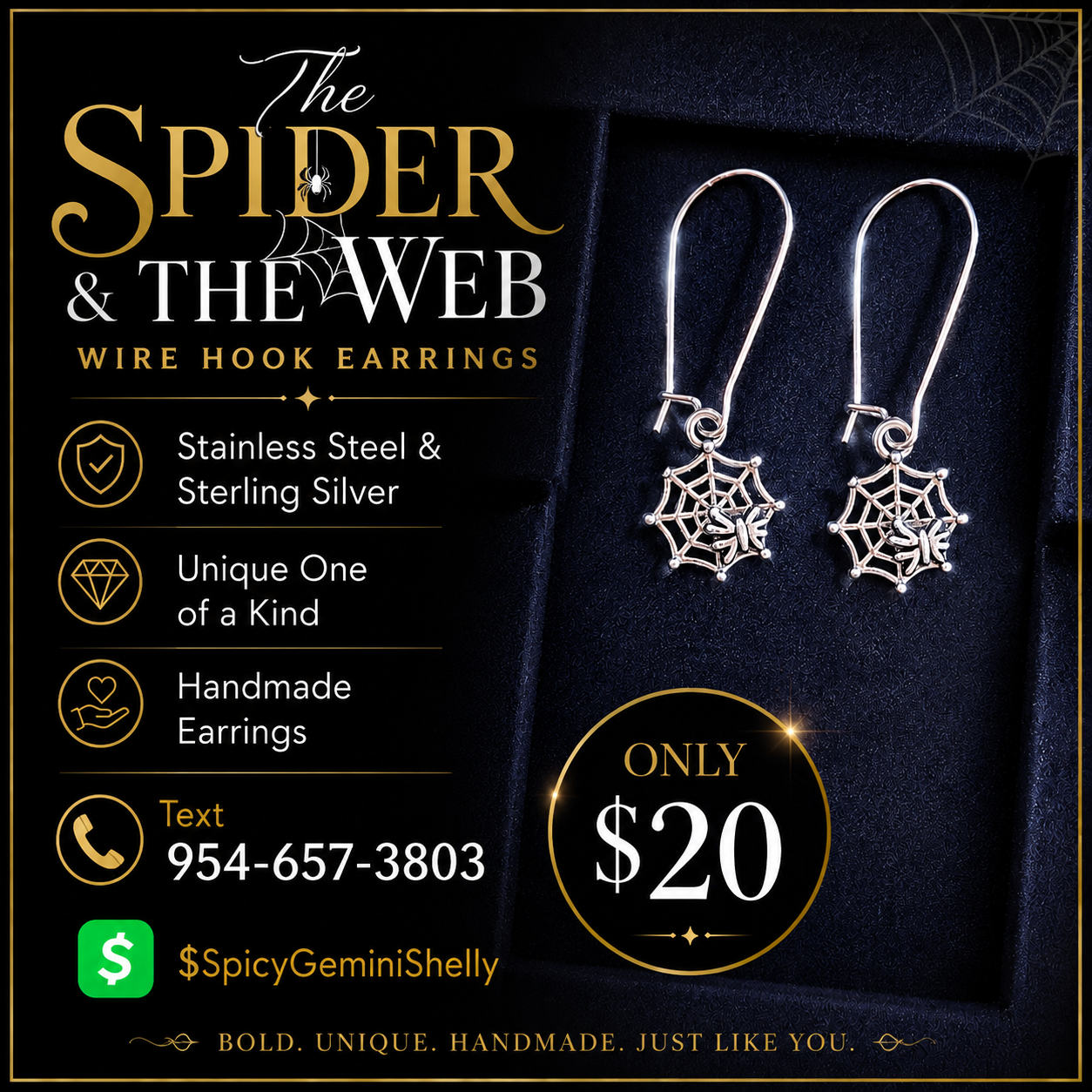 Spider & Web Wire Hook Dangle Earrings