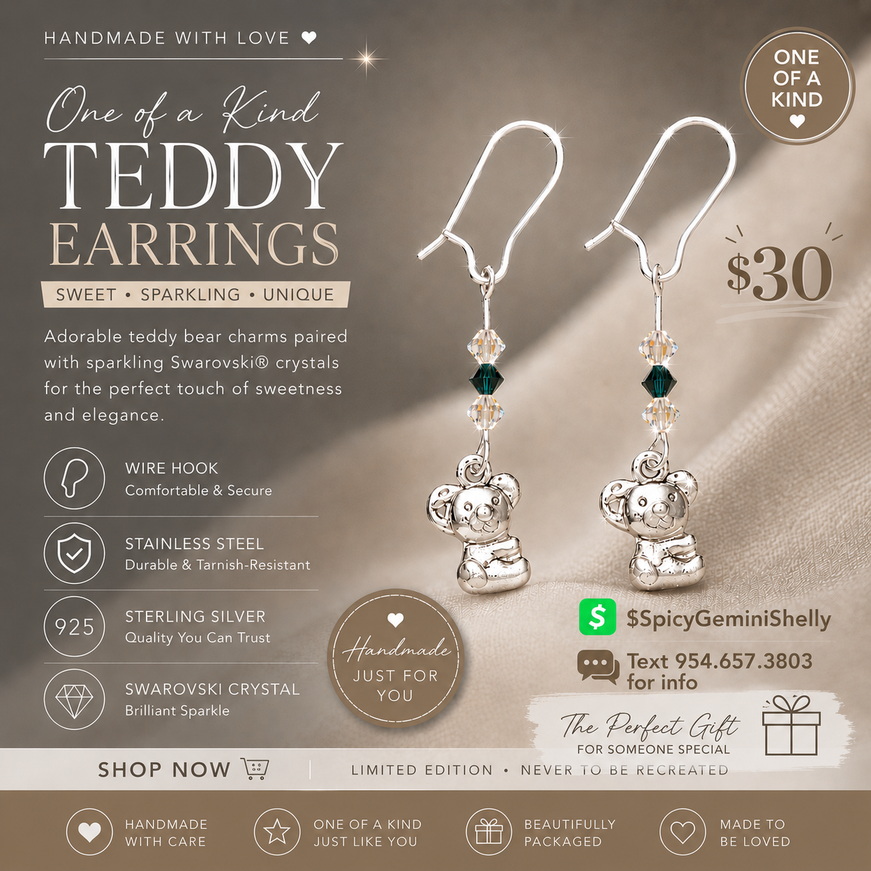 Teddy Bear Wire Hook Dangle Earrings with Swarovski Crystals