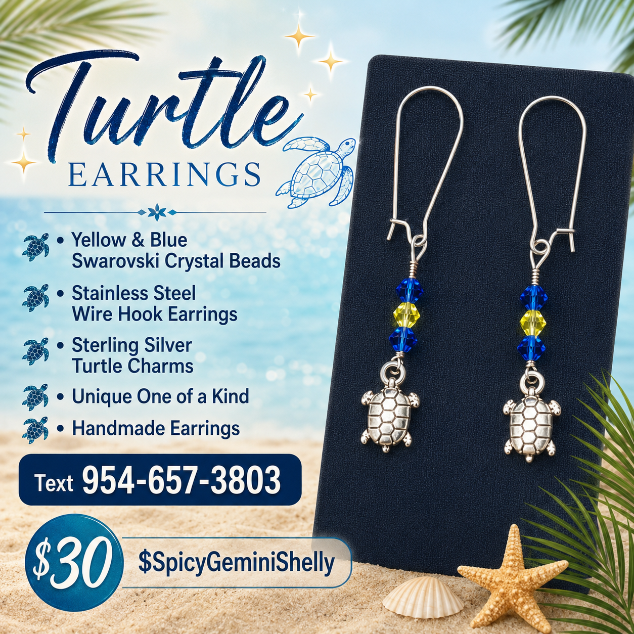 Sea Turtle Wire Hook Dangle Earrings with Swarovski Crystals