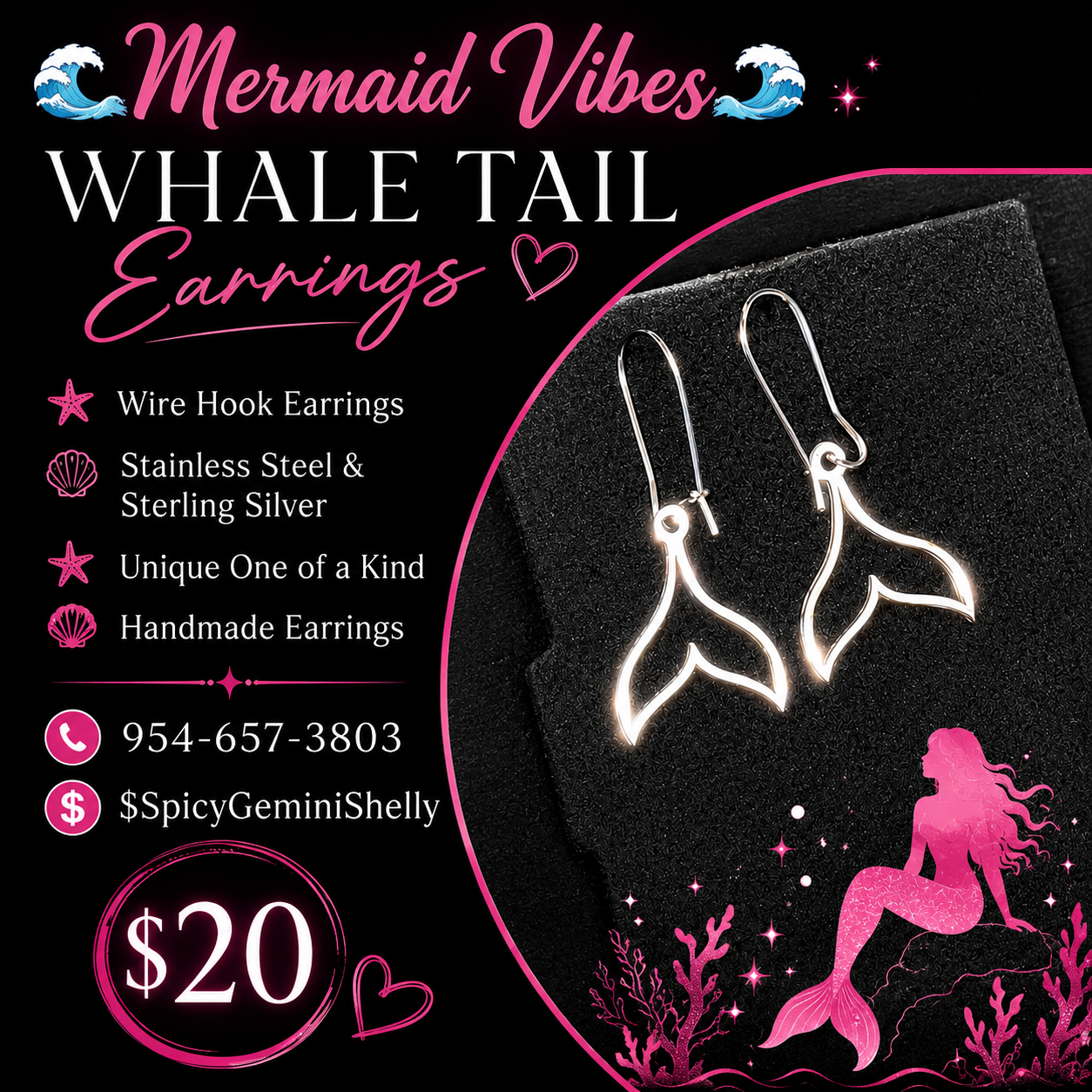 Mermaid Vibes Whale Tail Wire Hook Dangle Earrings