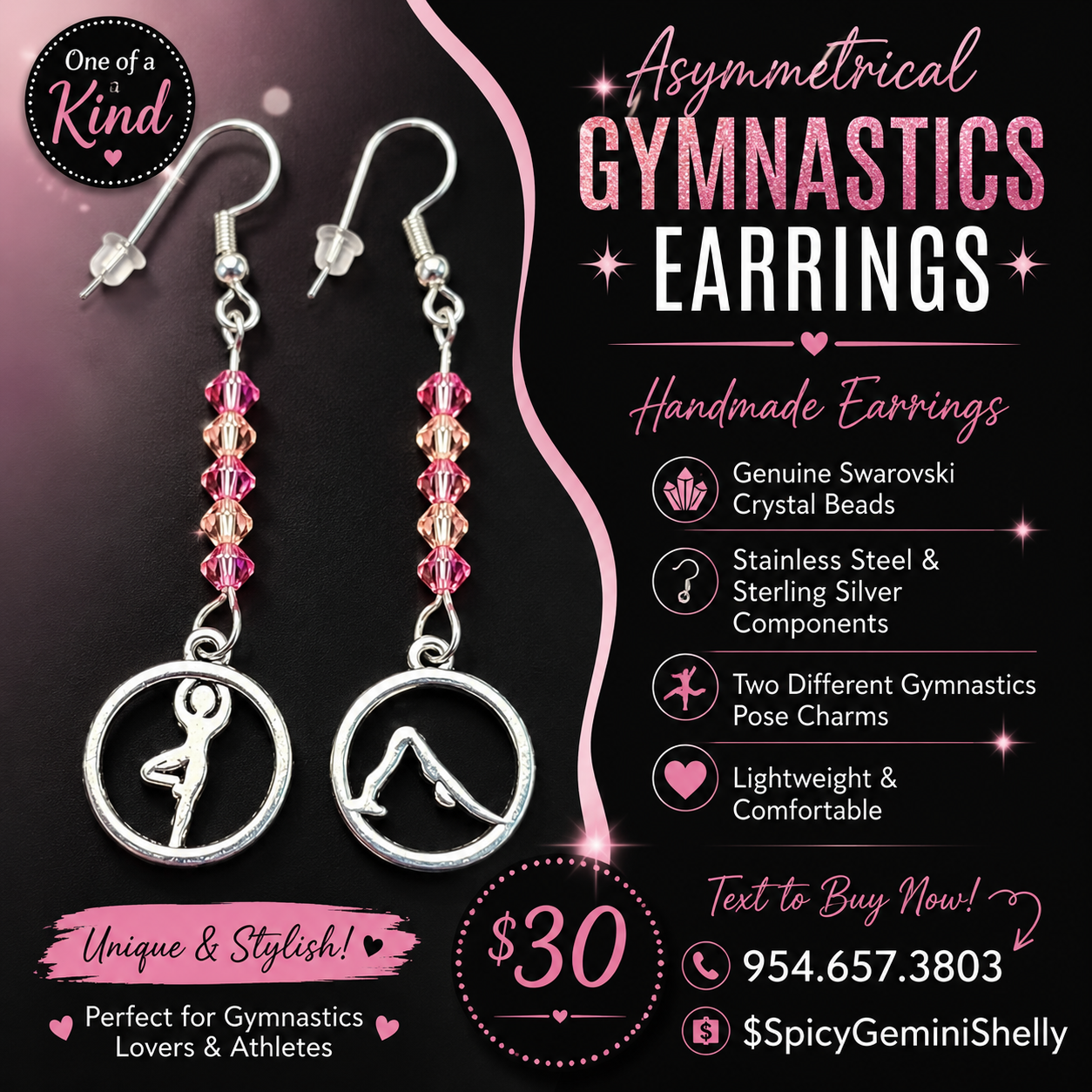 Asymmetrical gymnastics earrings with Swarovski crystal beads and two different gymnastics pose charms