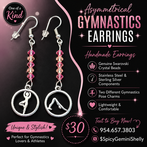 Asymmetrical gymnastics earrings with Swarovski crystal beads and two different gymnastics pose charms
